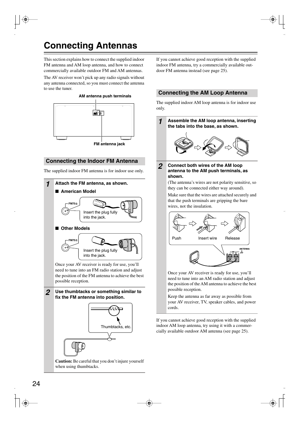 Connecting antennas, Connecting the indoor fm antenna, Connecting the am loop antenna | Integra DTR-7.8 User Manual | Page 24 / 128
