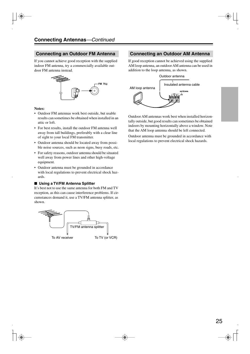 Connecting an outdoor fm antenna, Connecting an outdoor am antenna, Connecting antennas —continued | Integra DTR-7.8 User Manual | Page 25 / 128