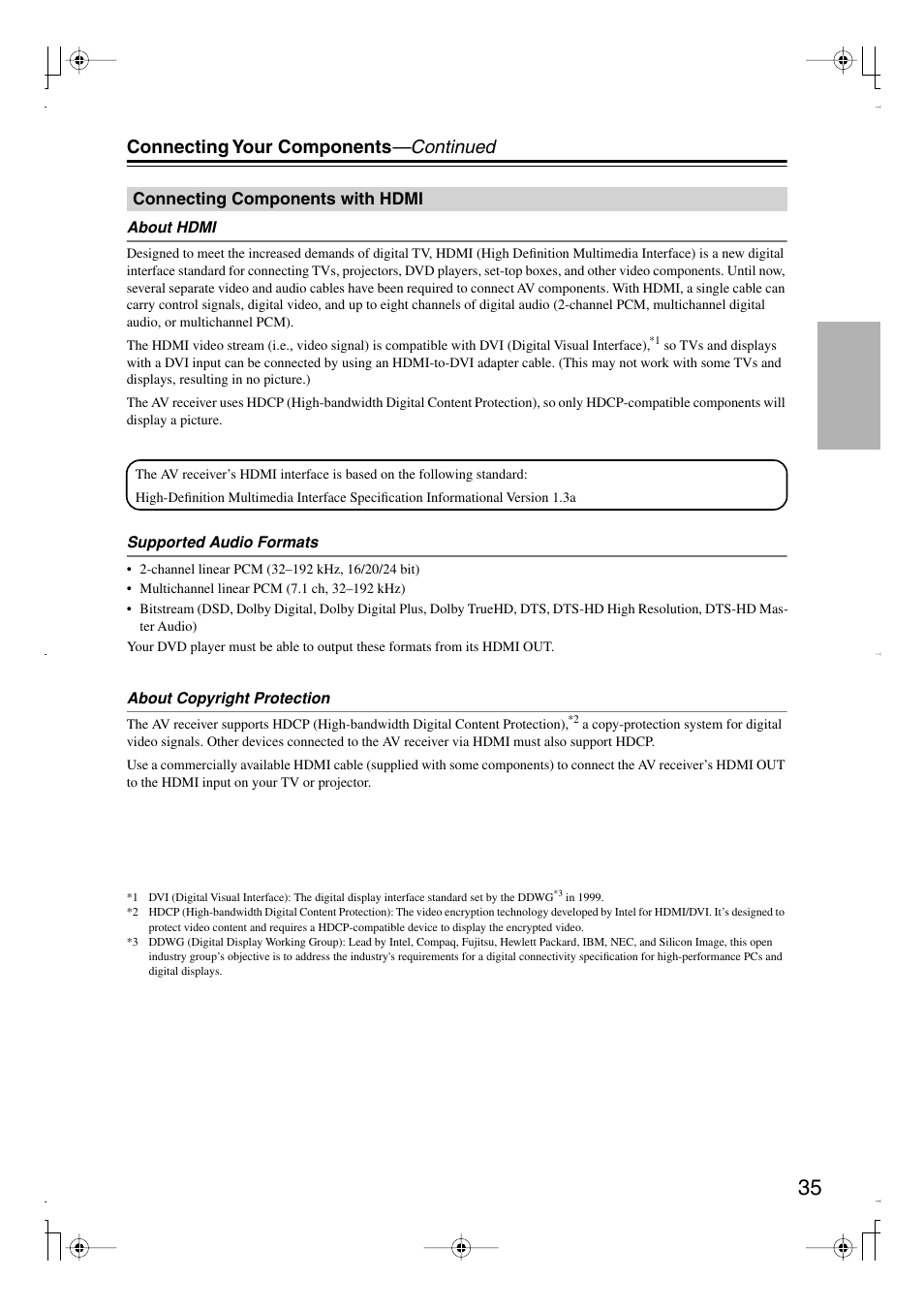 Connecting components with hdmi, Connecting your components —continued | Integra DTR-7.8 User Manual | Page 35 / 128