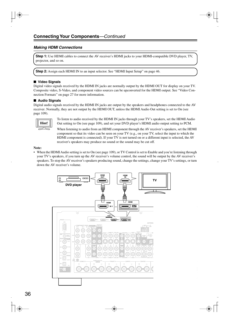 Connecting your components —continued, Making hdmi connections, Tv dvd player | Integra DTR-7.8 User Manual | Page 36 / 128