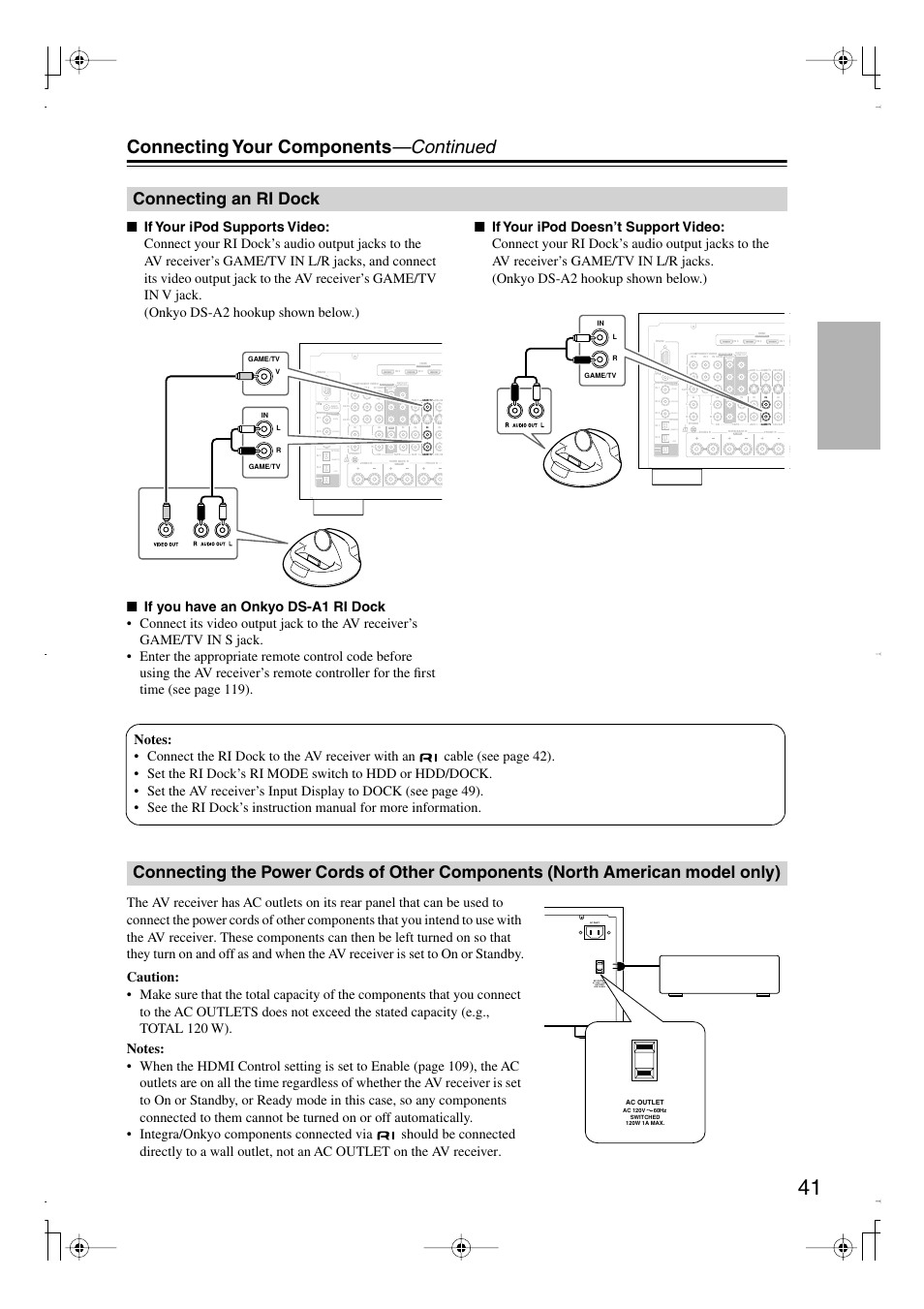 Connecting an ri dock, North american model only), Connecting your components —continued | Bi-amp | Integra DTR-7.8 User Manual | Page 41 / 128