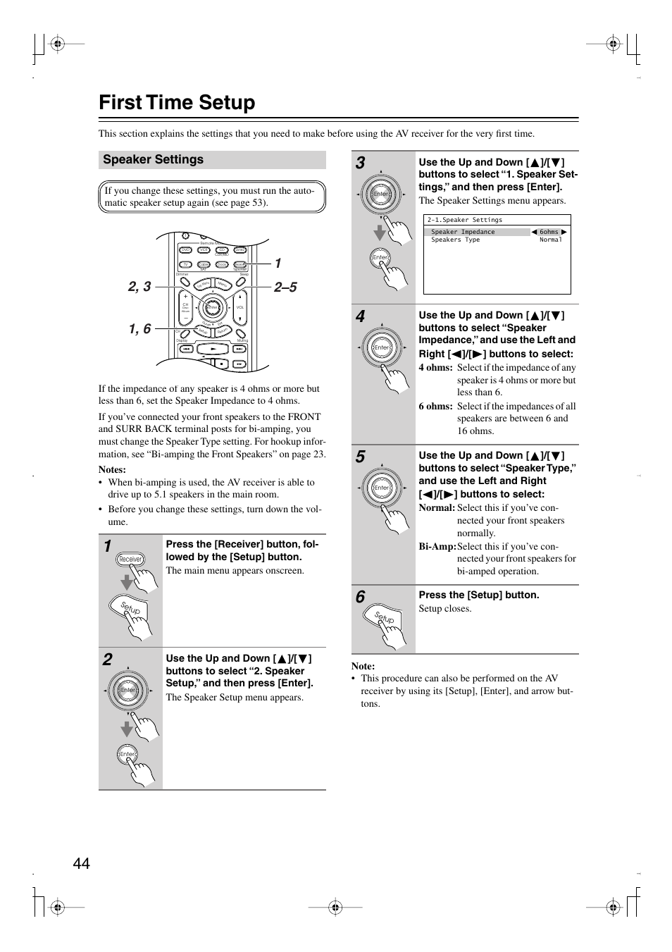 First time setup, Speaker settings | Integra DTR-7.8 User Manual | Page 44 / 128