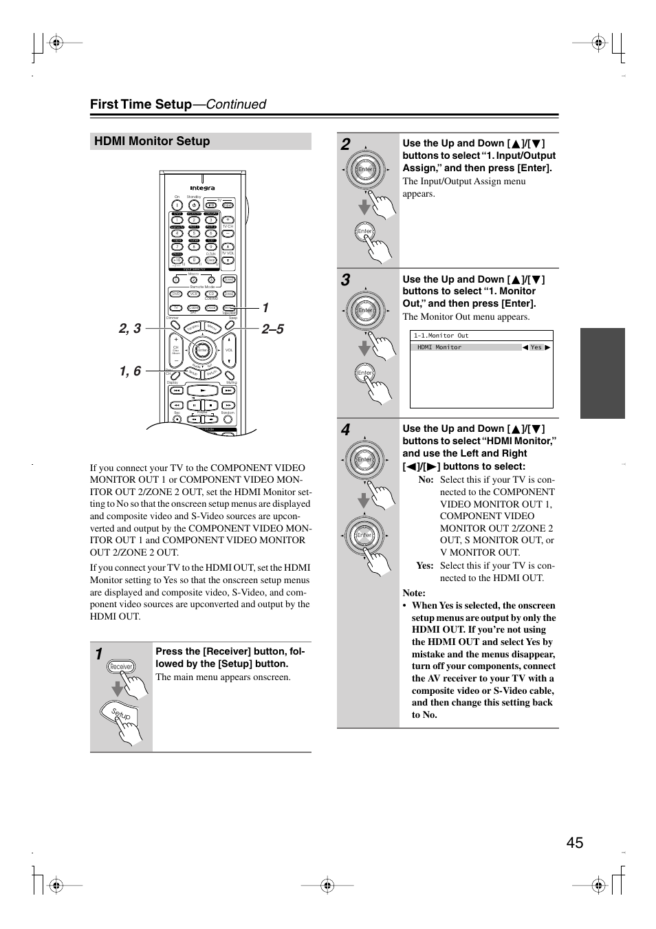 Hdmi monitor setup, First time setup —continued | Integra DTR-7.8 User Manual | Page 45 / 128