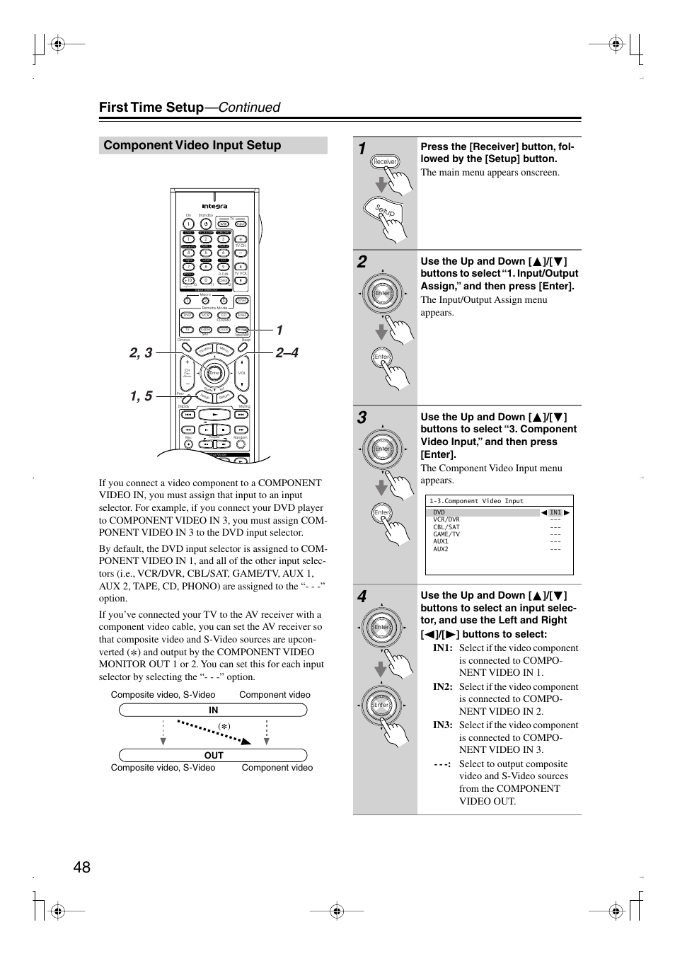 Component video input setup, First time setup —continued | Integra DTR-7.8 User Manual | Page 48 / 128