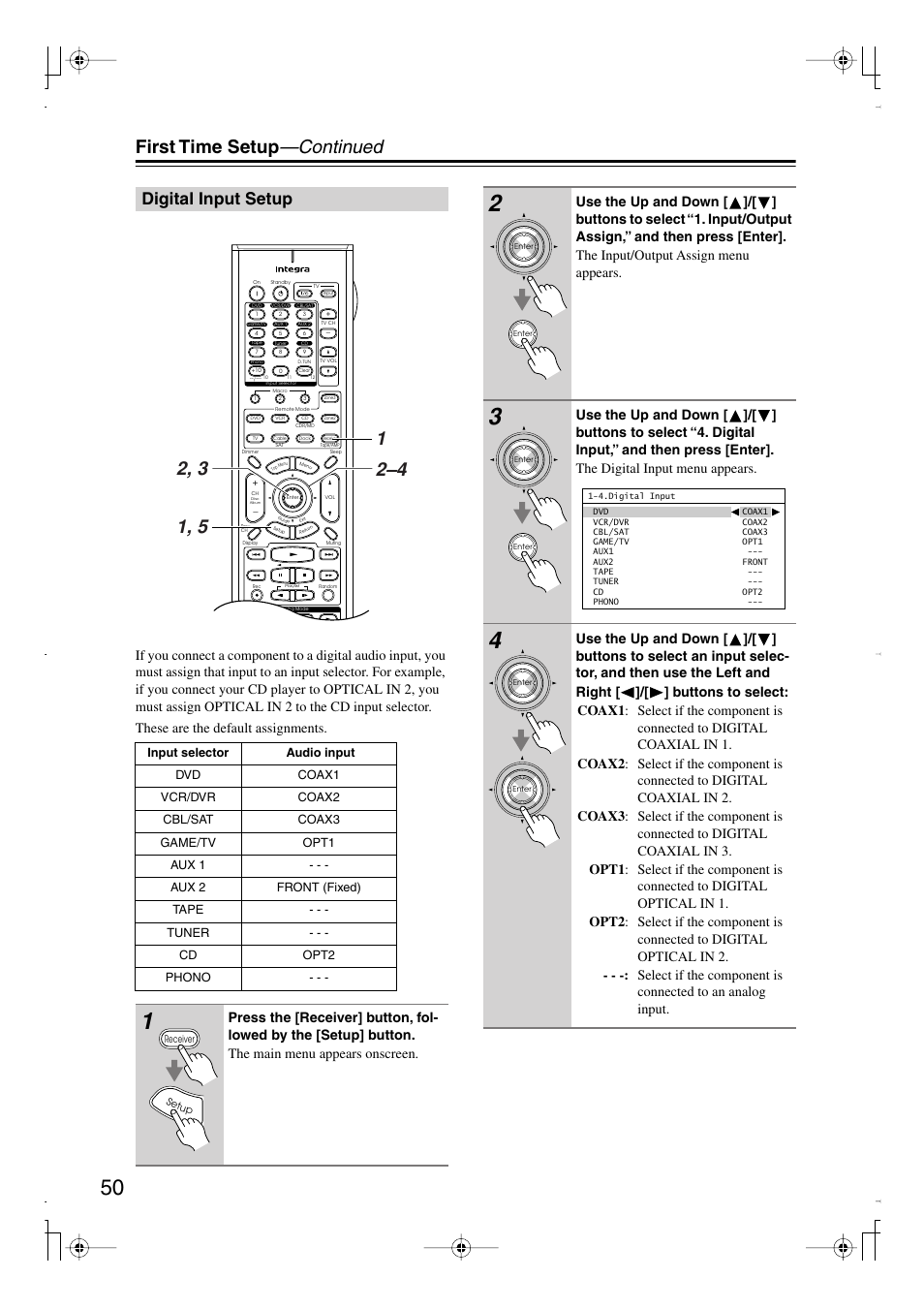 Digital input setup, First time setup —continued | Integra DTR-7.8 User Manual | Page 50 / 128