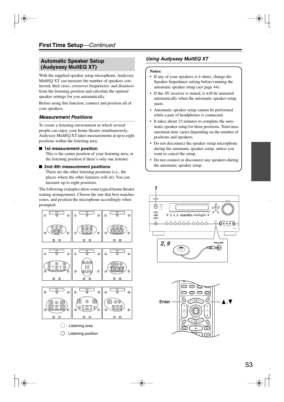 Automatic speaker setup (audysseymulteq xt), Automatic speaker setup (audyssey multeq xt), Setup mic (53) | Y indicator (53), First time setup —continued, Measurement positions, Using audyssey multeq xt, Enter, Listening area listening position | Integra DTR-7.8 User Manual | Page 53 / 128