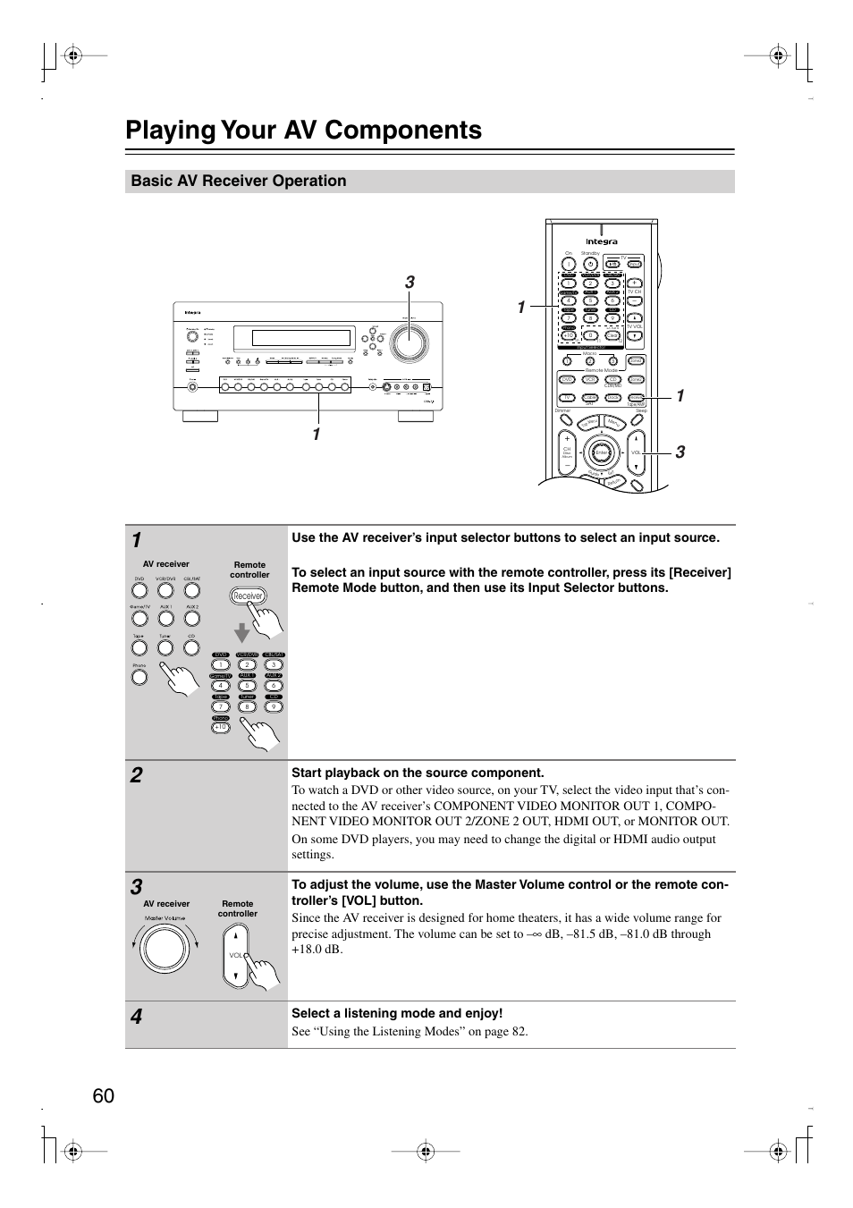 Playing your av components, Basic av receiver operation, Ol (60) | Uttons (60), Vel (60), Utton (60) | Integra DTR-7.8 User Manual | Page 60 / 128