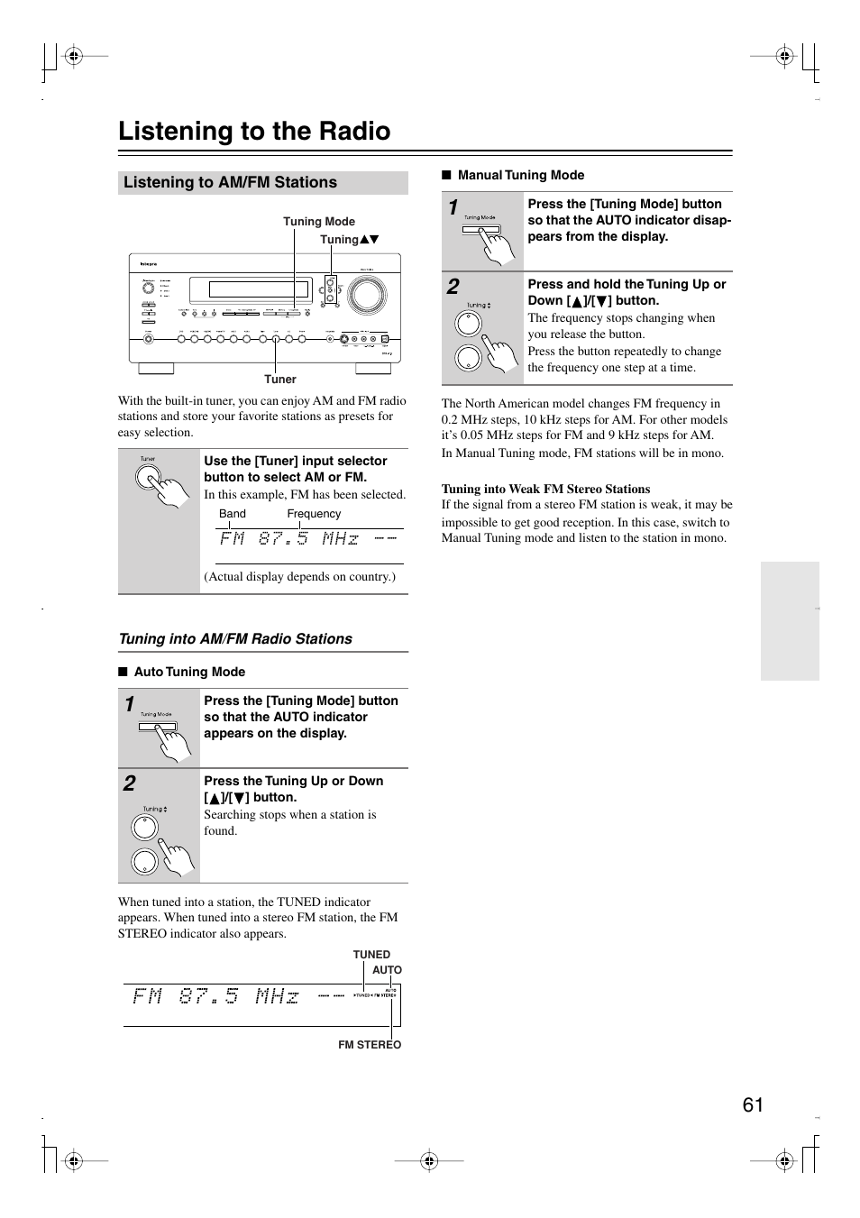 Listening to the radio, Listening to am/fm stations, Utton (61) | S (61), Tuned (61), Fm stereo (61) | Integra DTR-7.8 User Manual | Page 61 / 128