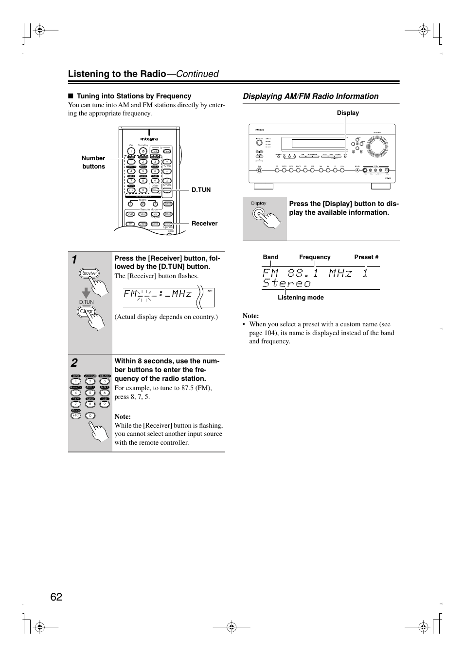 Utton (62), Listening to the radio —continued, Displaying am/fm radio information | Integra DTR-7.8 User Manual | Page 62 / 128