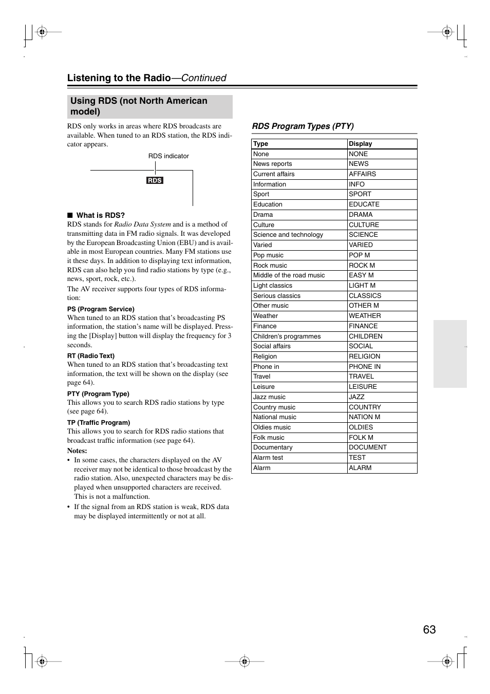 Using rds (not north american model), Th american model) (63), Listening to the radio —continued | Integra DTR-7.8 User Manual | Page 63 / 128