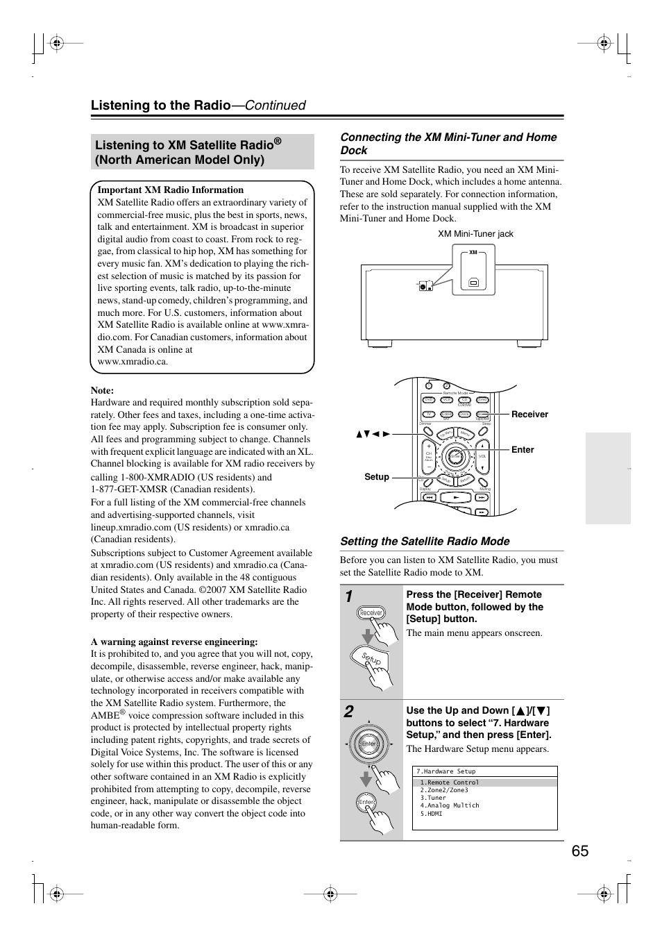 Listening to xm satellite radio, Listening to the radio —continued, North american model only) | Connecting the xm mini-tuner and home dock, Setting the satellite radio mode | Integra DTR-7.8 User Manual | Page 65 / 128