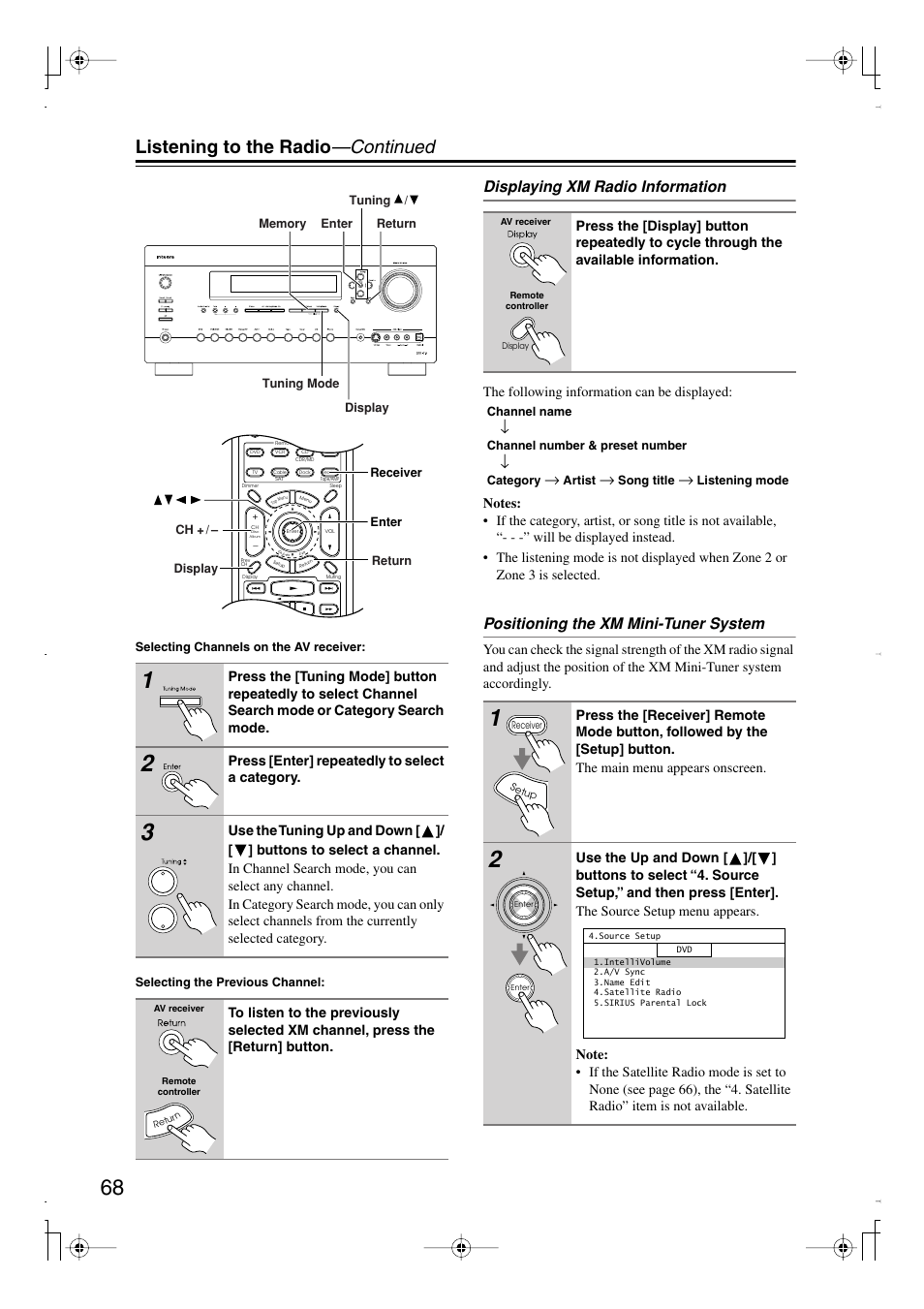 Listening to the radio —continued, Displaying xm radio information, Positioning the xm mini-tuner system | Integra DTR-7.8 User Manual | Page 68 / 128