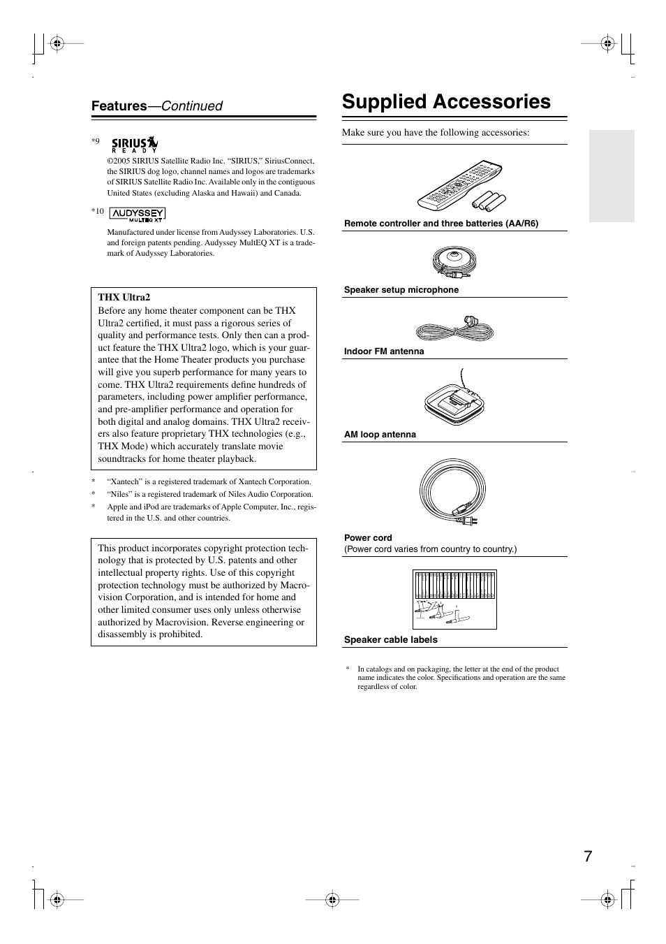 Supplied accessories, Features —continued, Make sure you have the following accessories | Speaker cable, Speaker cable labels | Integra DTR-7.8 User Manual | Page 7 / 128