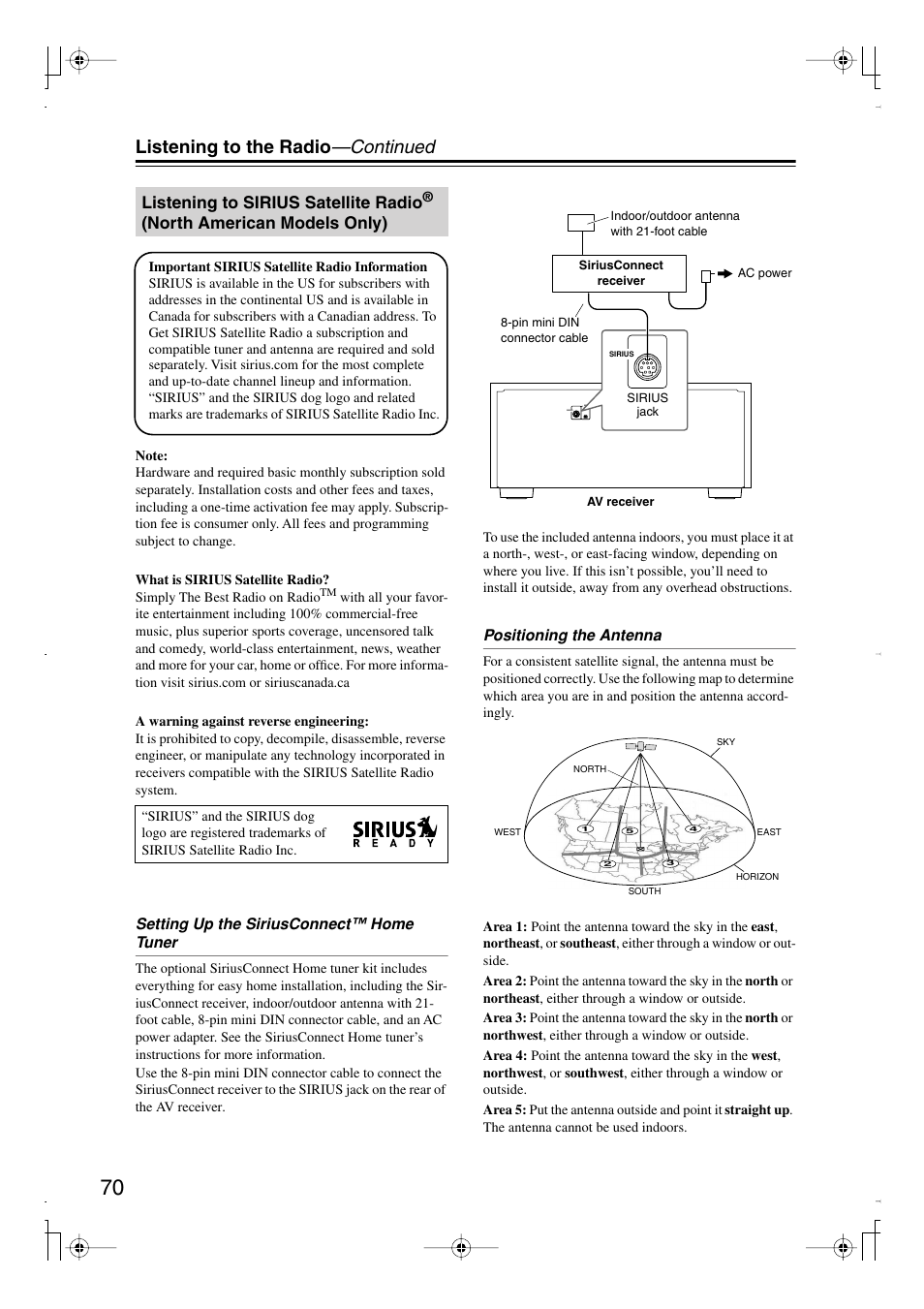 Listening to sirius satellite radio, Listening to the radio —continued | Integra DTR-7.8 User Manual | Page 70 / 128