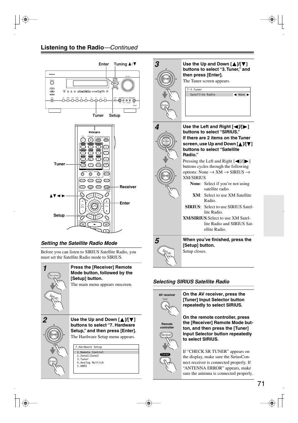 Listening to the radio —continued, Setting the satellite radio mode, Selecting sirius satellite radio | Sirius | Integra DTR-7.8 User Manual | Page 71 / 128