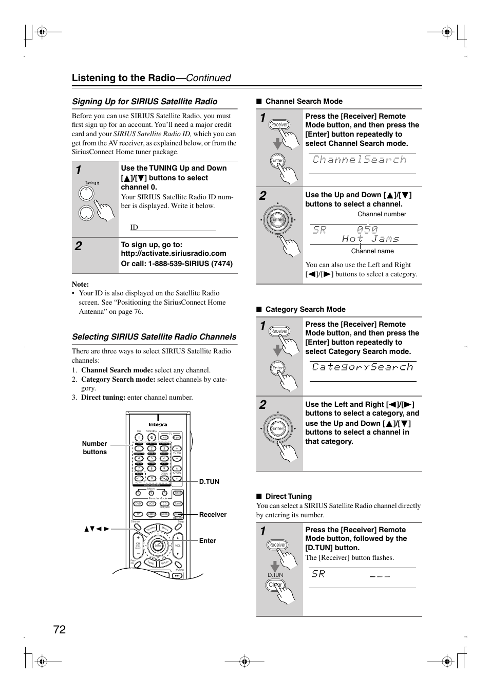 Listening to the radio —continued, Signing up for sirius satellite radio, Selecting sirius satellite | Radio channels | Integra DTR-7.8 User Manual | Page 72 / 128