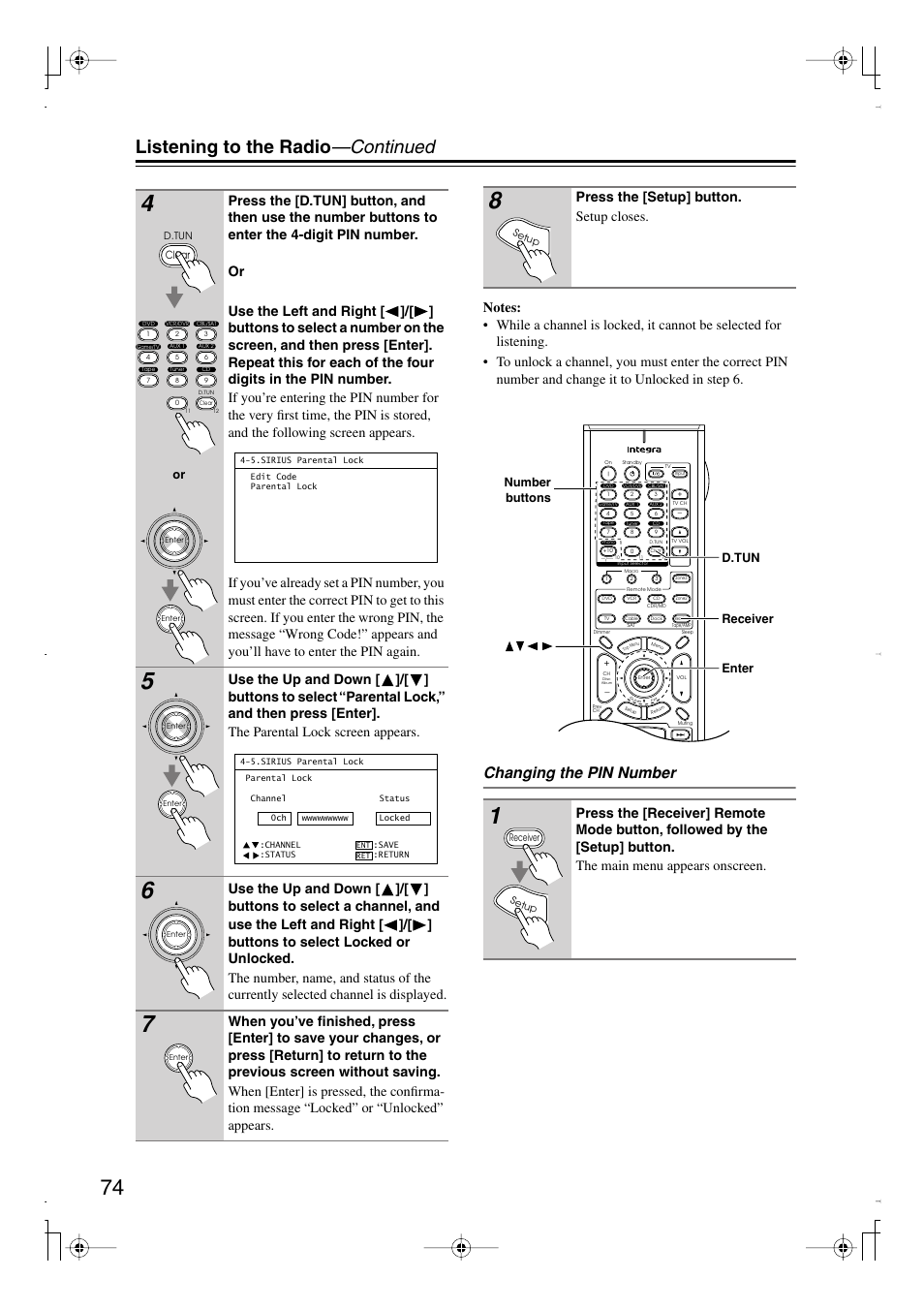 Listening to the radio —continued, Changing the pin number, Press the [setup] button. setup closes | Integra DTR-7.8 User Manual | Page 74 / 128