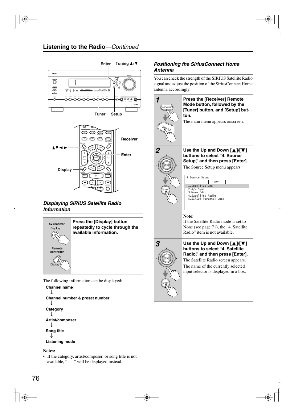 Listening to the radio —continued, Displaying sirius satellite radio information, Positioning the siriusconnect home antenna | Integra DTR-7.8 User Manual | Page 76 / 128