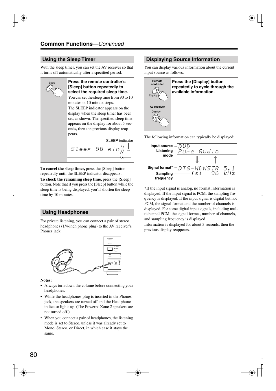 Using the sleep timer, Using headphones, Displaying source information | Utton (80), K (80), Sleep indicator (80), Headphone indicator (80), Common functions —continued | Integra DTR-7.8 User Manual | Page 80 / 128