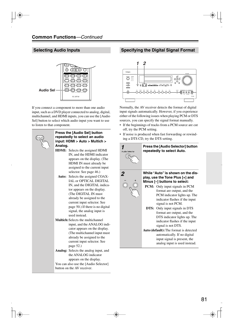 Selecting audio inputs, Specifying the digital signal format, Utton (81) | S (81), Common functions —continued | Integra DTR-7.8 User Manual | Page 81 / 128