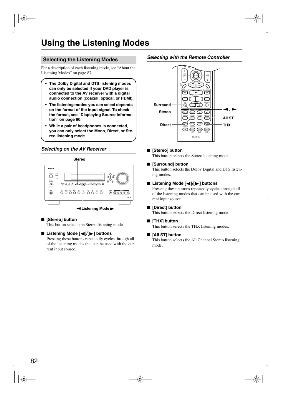 Using the listening modes, Selecting the listening modes, Utton (82) | Uttons (82), S (82), Selecting on the av receiver, Selecting with the remote controller | Integra DTR-7.8 User Manual | Page 82 / 128