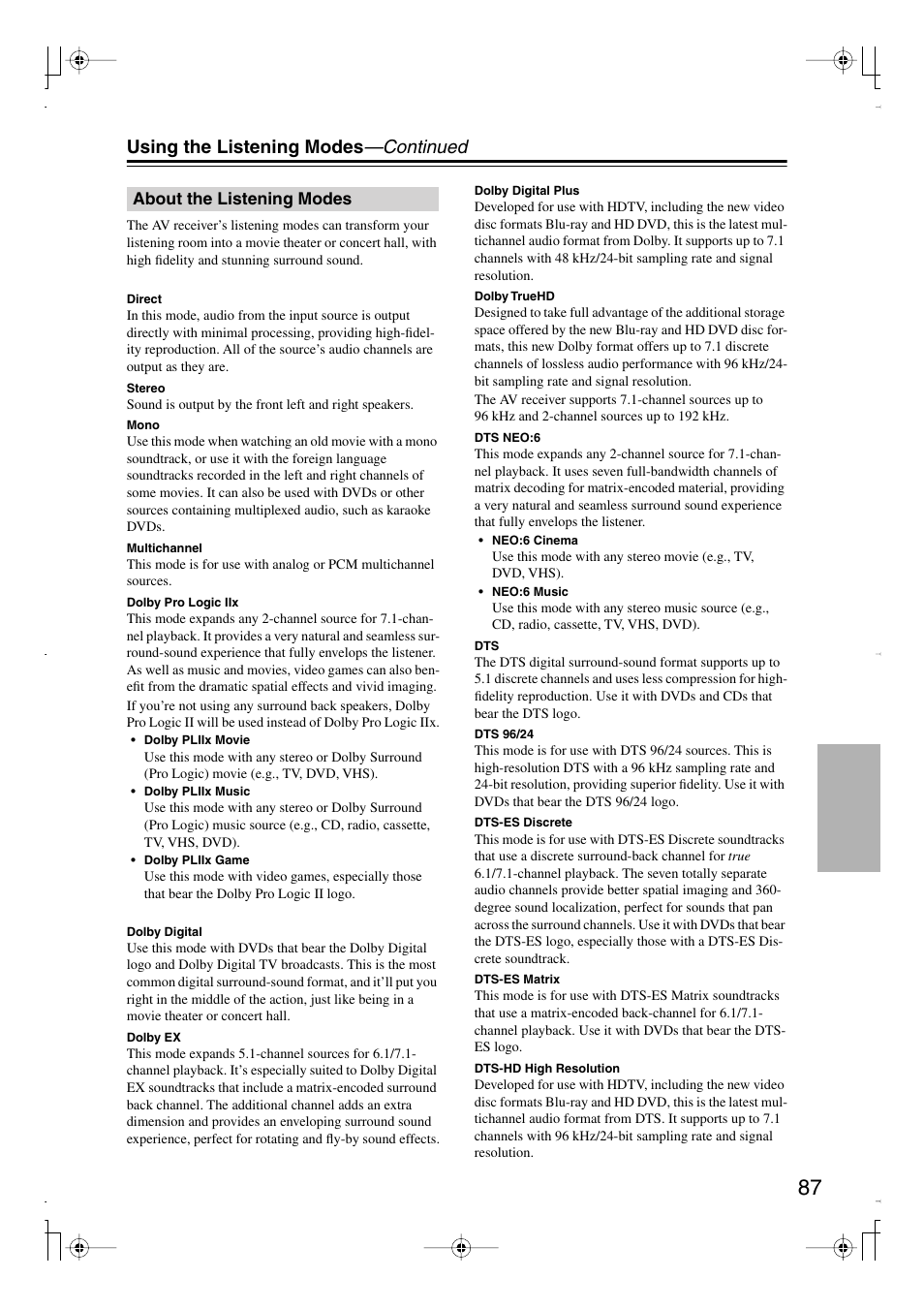 About the listening modes, S (87), Using the listening modes —continued | Integra DTR-7.8 User Manual | Page 87 / 128