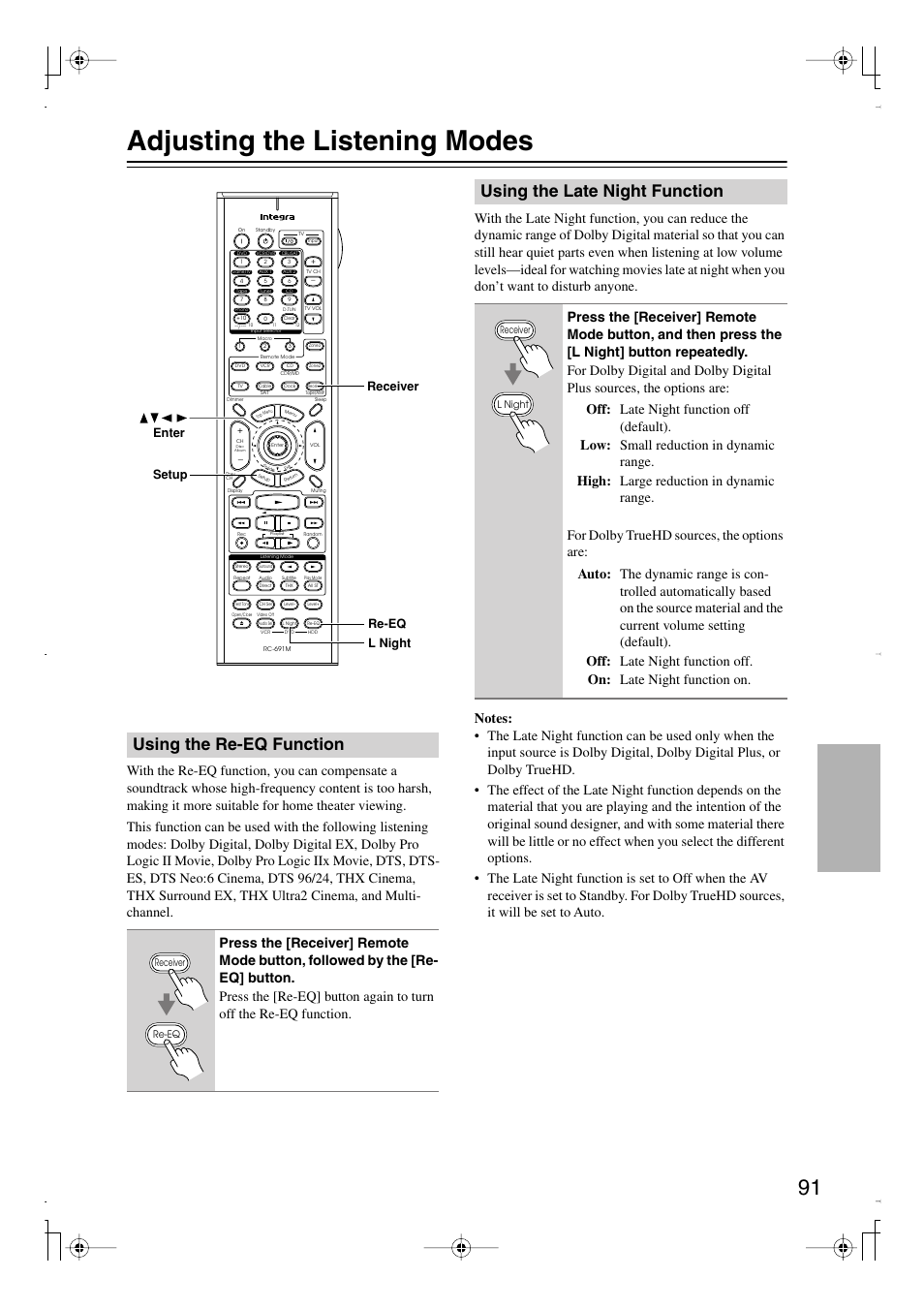 Adjusting the listening modes, Using the re-eq function, Using the late night function | Utton (91), Setup receiver l night re-eq enter | Integra DTR-7.8 User Manual | Page 91 / 128