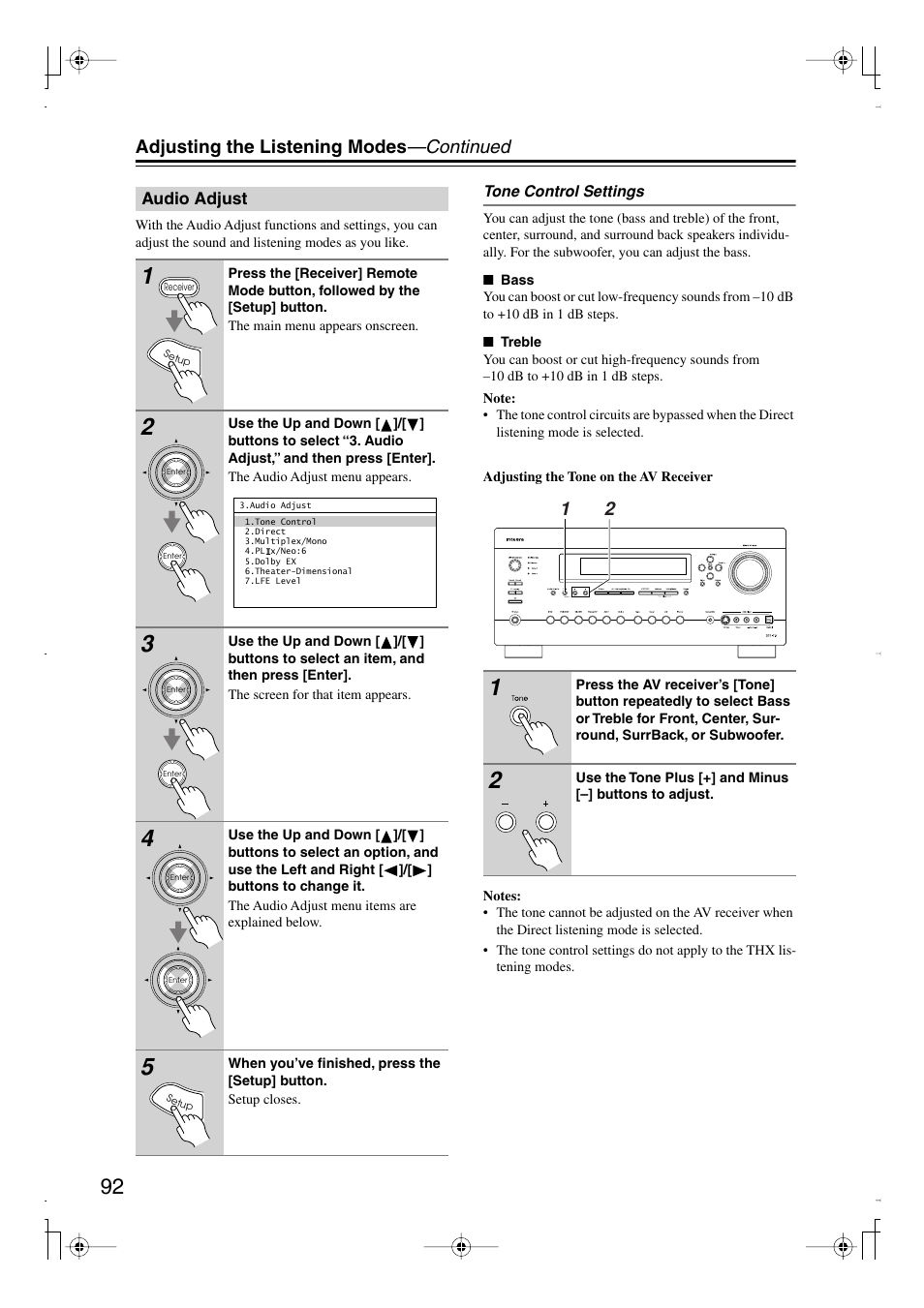 Audio adjust, Uttons (92, Adjusting the listening modes —continued | Integra DTR-7.8 User Manual | Page 92 / 128