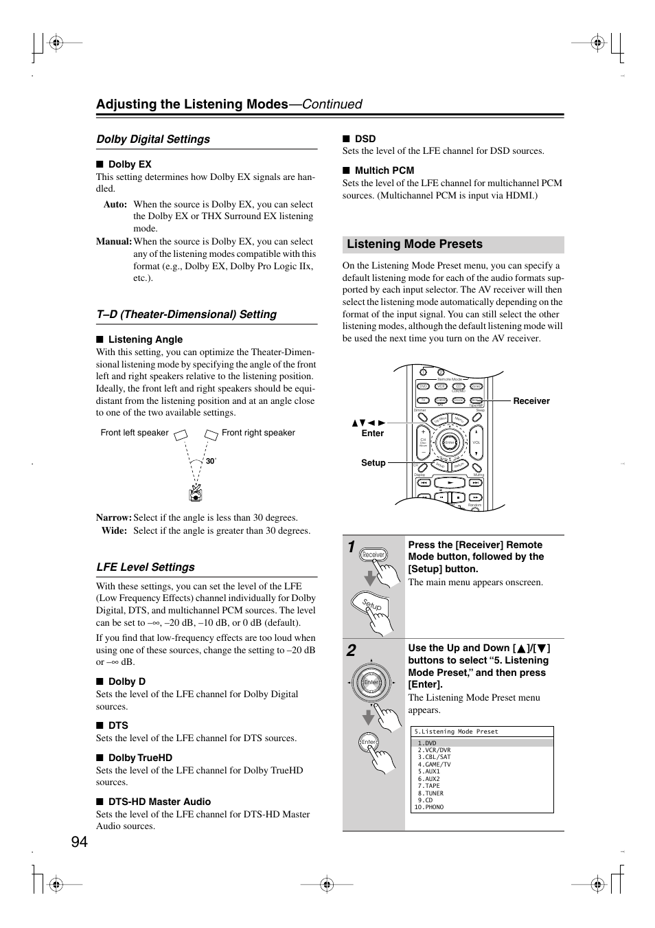 Listening mode presets, Adjusting the listening modes —continued, Dolby digital settings | T–d (theater-dimensional) setting, Lfe level settings | Integra DTR-7.8 User Manual | Page 94 / 128