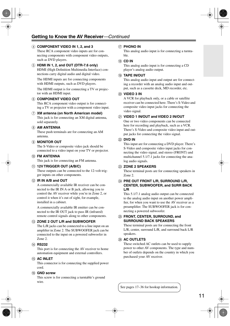 Getting to know the av receiver —continued | Integra DTR-7.6/6.6 User Manual | Page 11 / 96