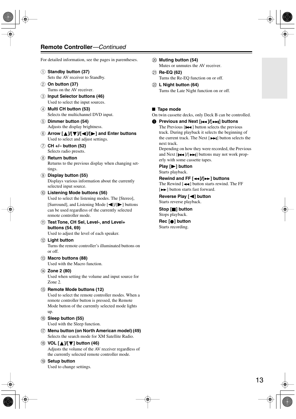 Remote controller —continued | Integra DTR-7.6/6.6 User Manual | Page 13 / 96