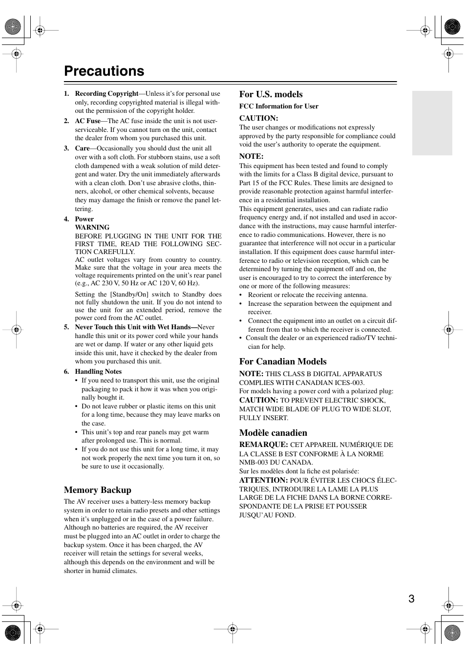 Precautions, For u.s. models, For canadian models | Modèle canadien | Integra DTR-7.6/6.6 User Manual | Page 3 / 96