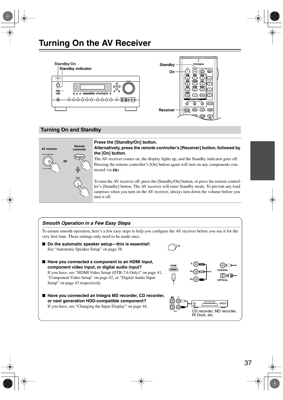 Turning on the av receiver, Turning on and standby, Smooth operation in a few easy steps | Integra DTR-7.6/6.6 User Manual | Page 37 / 96