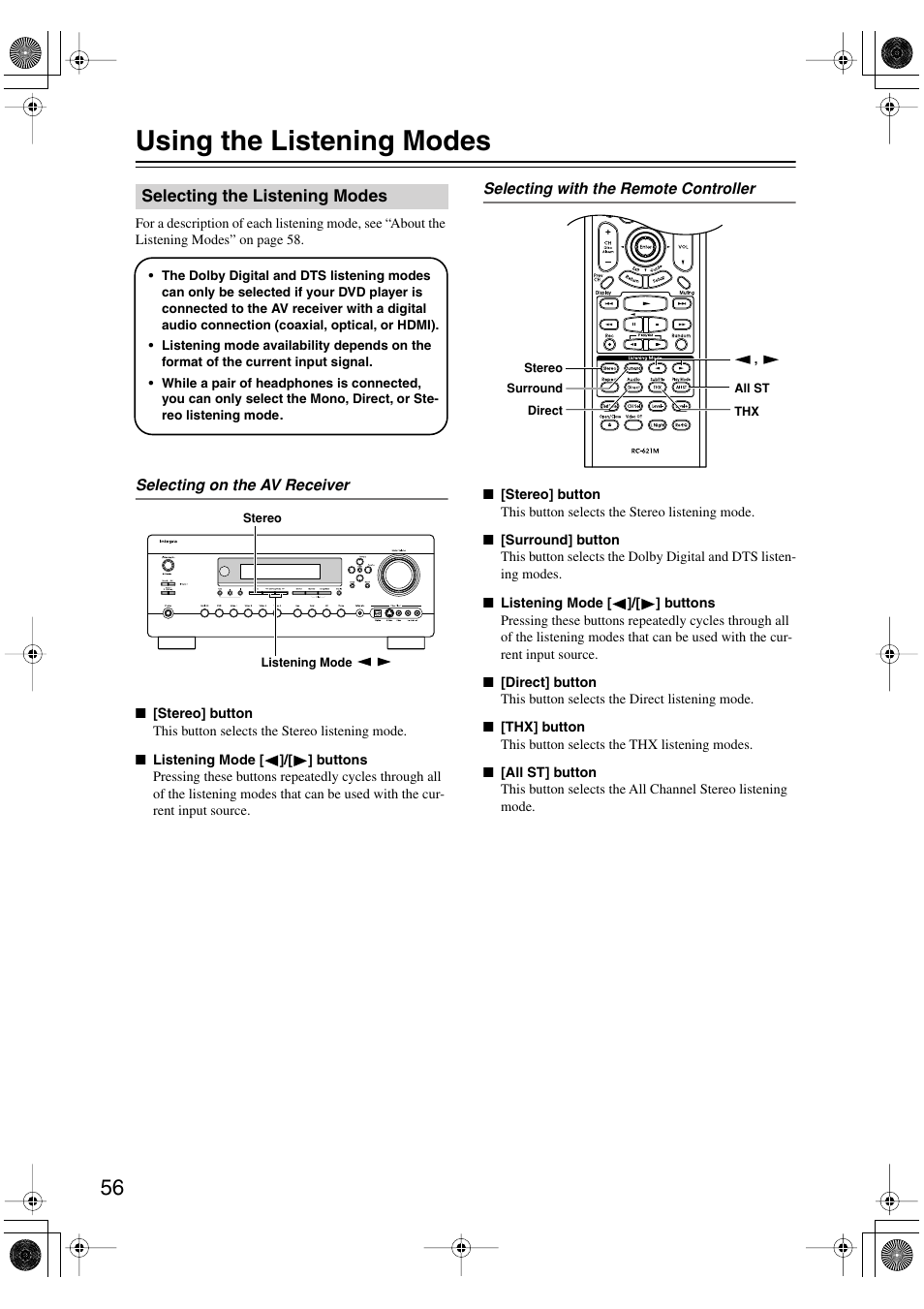 Using the listening modes | Integra DTR-7.6/6.6 User Manual | Page 56 / 96