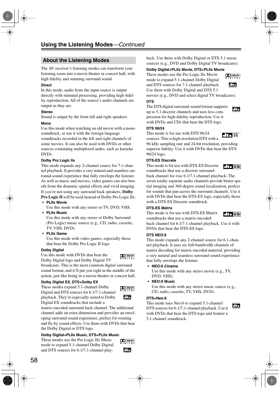 Using the listening modes —continued | Integra DTR-7.6/6.6 User Manual | Page 58 / 96