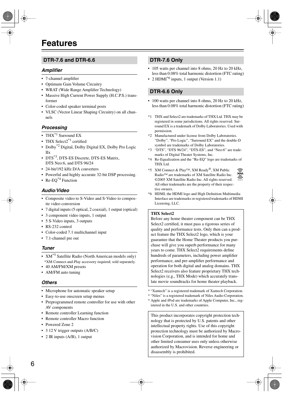 Features | Integra DTR-7.6/6.6 User Manual | Page 6 / 96
