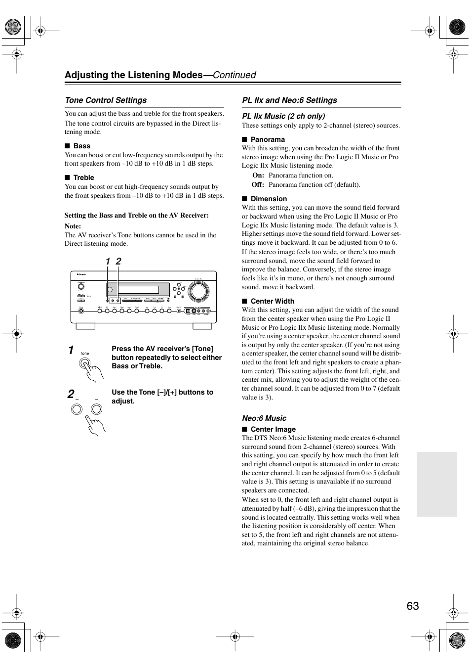 Adjusting the listening modes —continued | Integra DTR-7.6/6.6 User Manual | Page 63 / 96