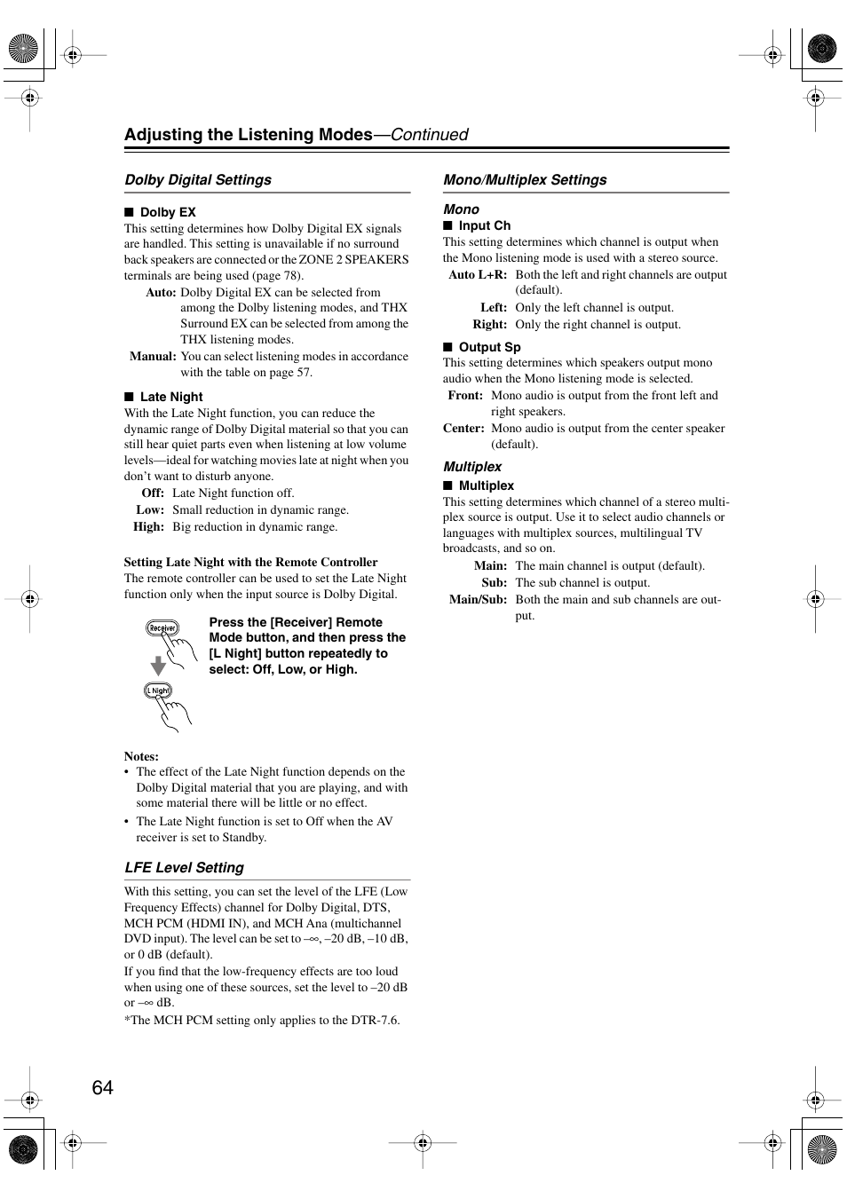 Adjusting the listening modes —continued | Integra DTR-7.6/6.6 User Manual | Page 64 / 96