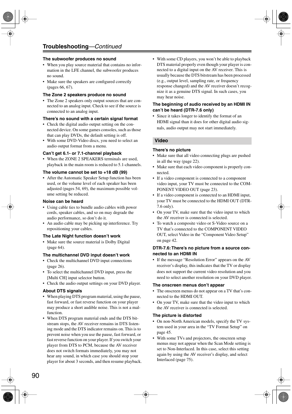 Troubleshooting —continued | Integra DTR-7.6/6.6 User Manual | Page 90 / 96