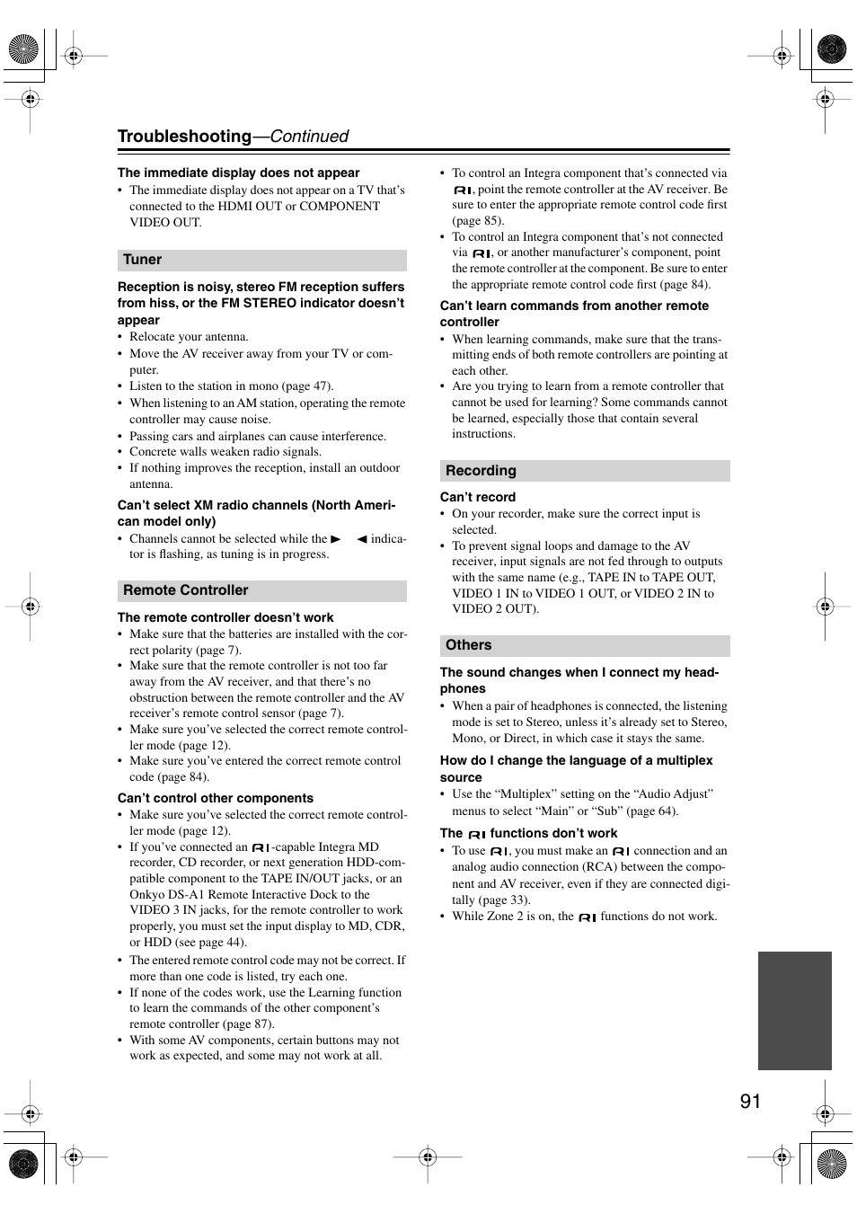 Troubleshooting —continued | Integra DTR-7.6/6.6 User Manual | Page 91 / 96