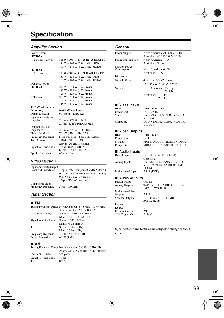 Specification | Integra DTR-7.6/6.6 User Manual | Page 93 / 96