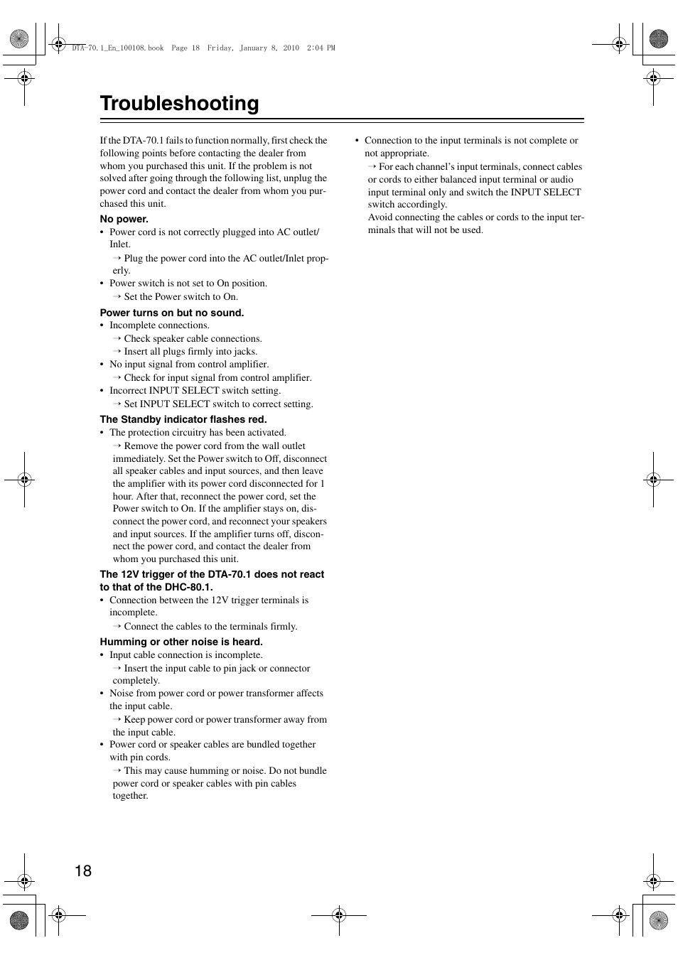 Troubleshooting | Integra DTA-70.1 User Manual | Page 18 / 20
