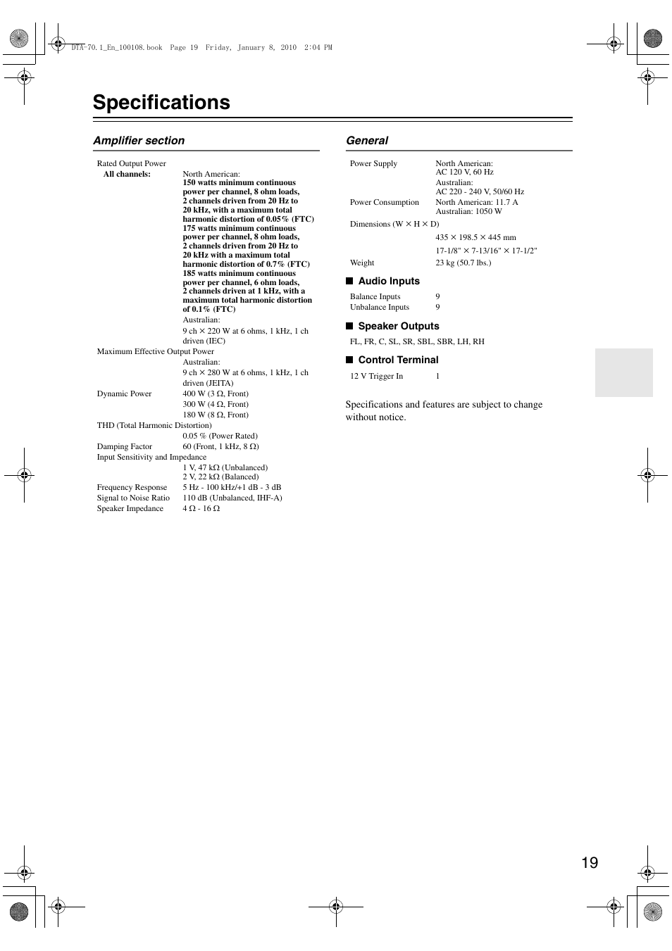 Specifications | Integra DTA-70.1 User Manual | Page 19 / 20