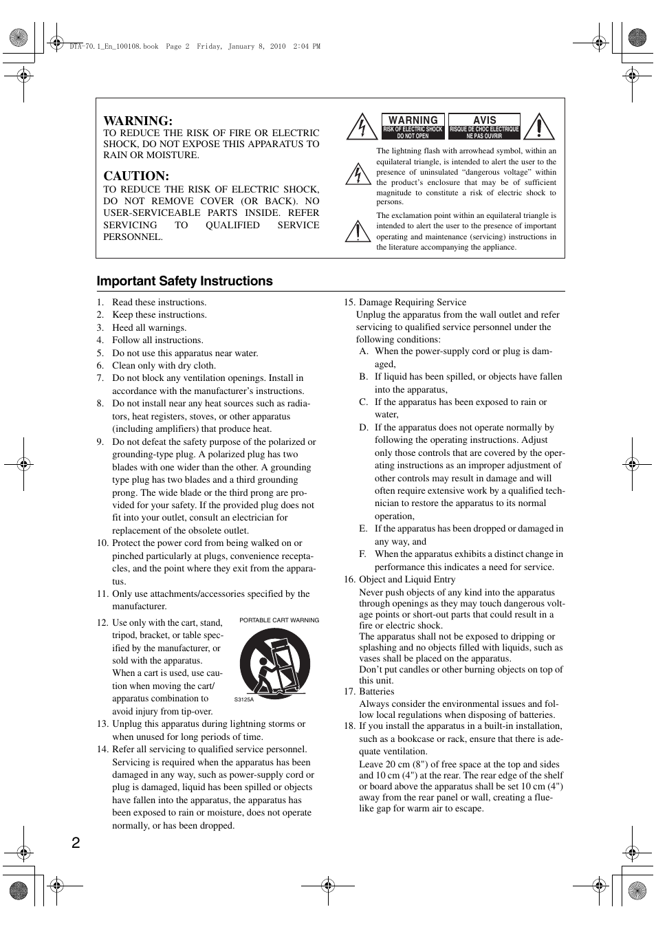 Important safety instructions, Warning, Caution | Integra DTA-70.1 User Manual | Page 2 / 20