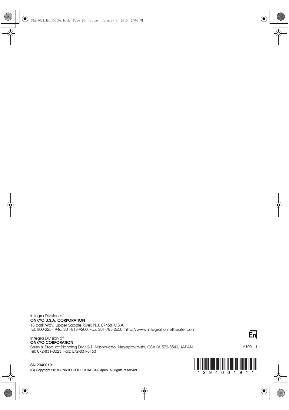 Integra DTA-70.1 User Manual | Page 20 / 20