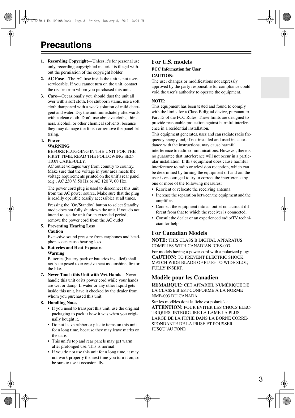 Precautions, For u.s. models, For canadian models | Modèle pour les canadien | Integra DTA-70.1 User Manual | Page 3 / 20