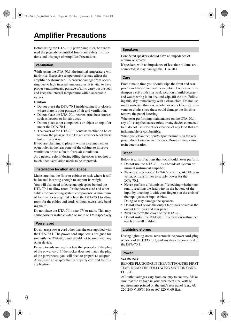 Amplifier precautions | Integra DTA-70.1 User Manual | Page 6 / 20