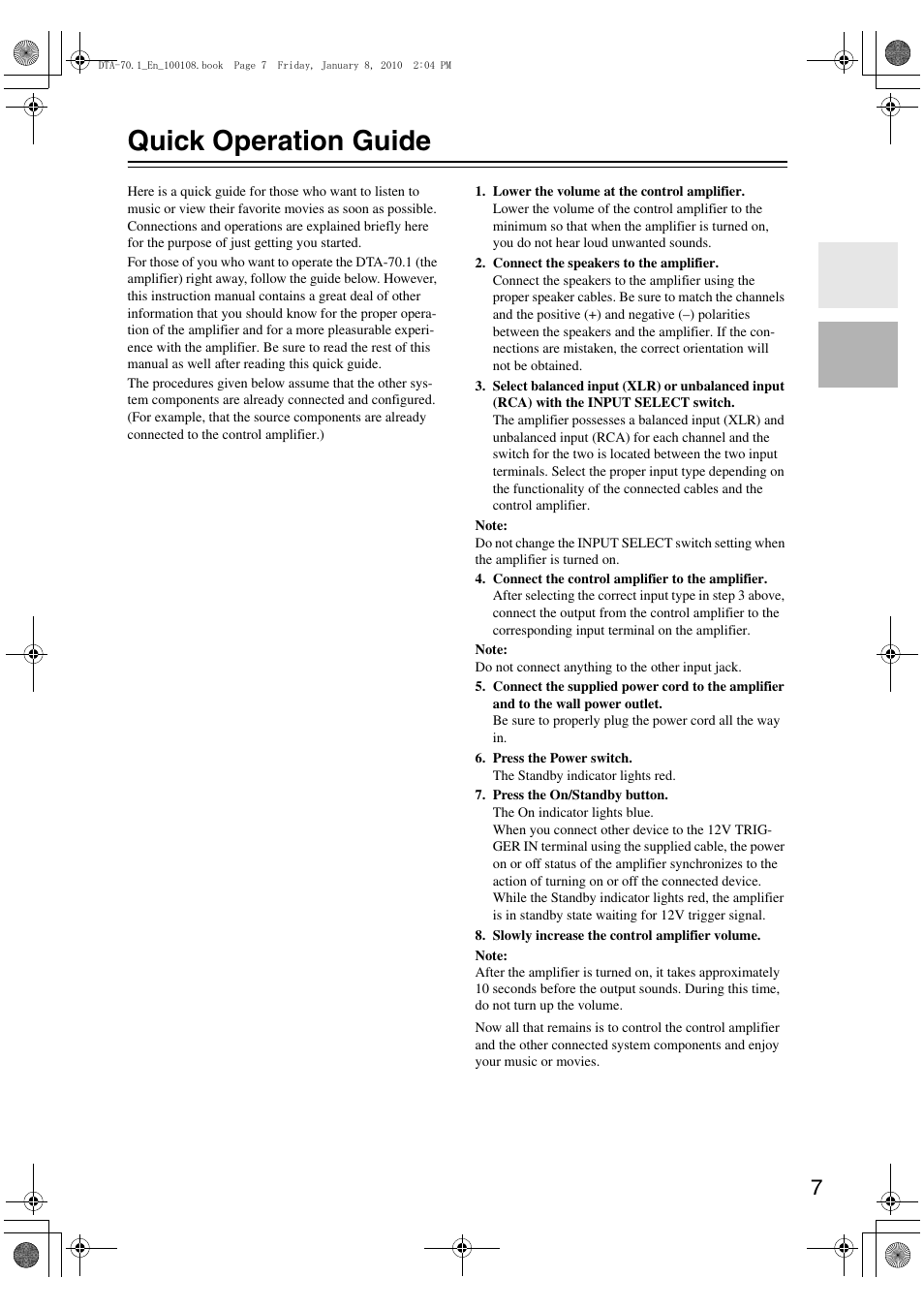 Quick operation guide | Integra DTA-70.1 User Manual | Page 7 / 20