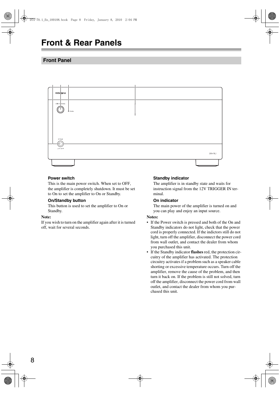 Front & rear panels | Integra DTA-70.1 User Manual | Page 8 / 20