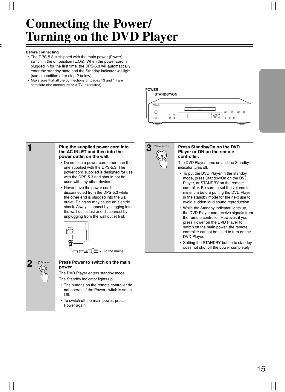 Connecting the power/ turning on the dvd player | Integra DPS-5.3 User Manual | Page 15 / 60